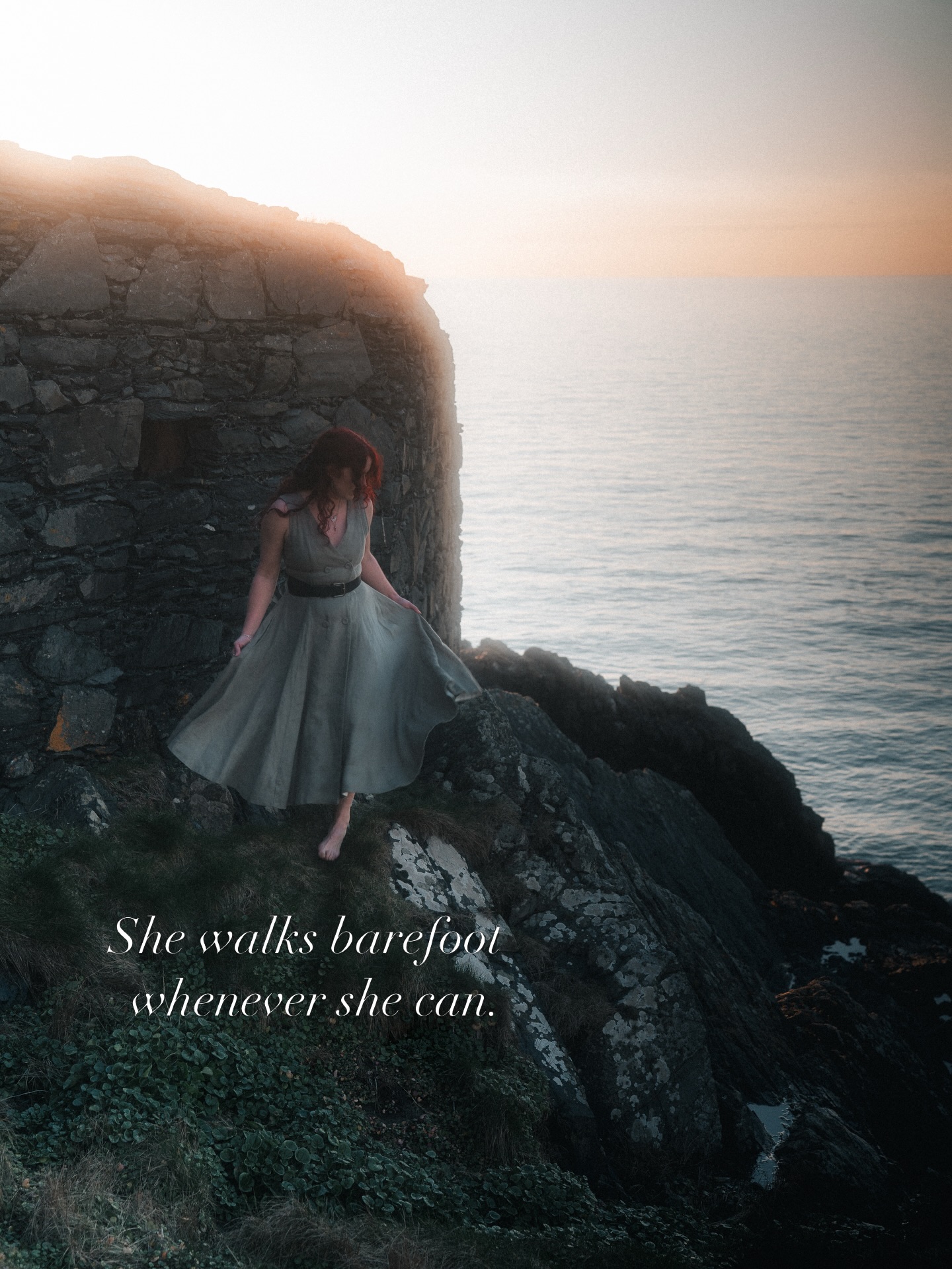 She walks barefoot whenever she can — coastal ruins Isle of Man