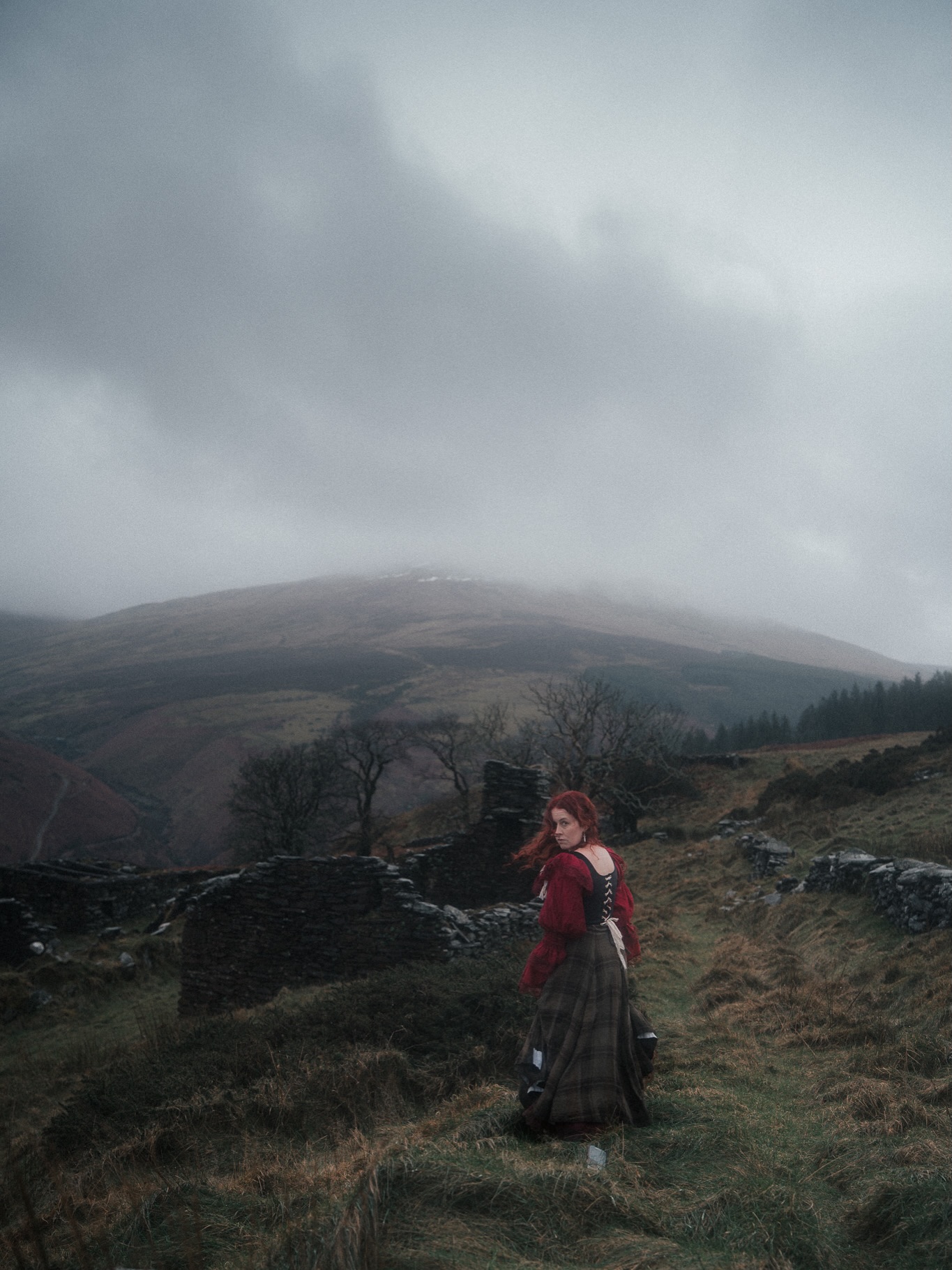 Misty hillside with ruined walls, Isle of Man